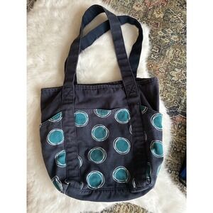 Thirty One Bags La-Di-Dots Blue Canvas Med Size Two Handle Tote Bag GUC